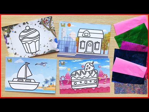 TÔ MÀU BẰNG GIẤY KIM TUYẾN HÌNH NGÔI NHÀ, BÁNH NGỌT, CON TÀU.. Glittering house,cake (Chim Xinh)