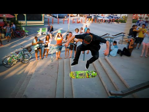 Taylor Jett lands a 360 double flip down the Santa Monica triple set | SKATE TRICK BATTLE!