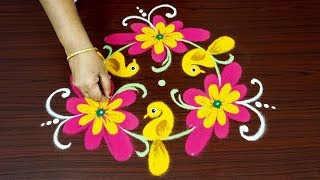 Birds Kolam With Dots How To Draw Birds Rani Easily Muggule Birds With 7X4 Dots