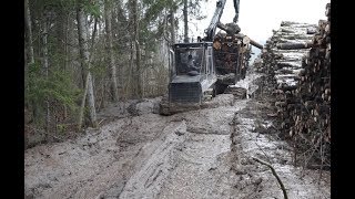 Logging in wet winter forest with Logset 6F, the last load, leaving