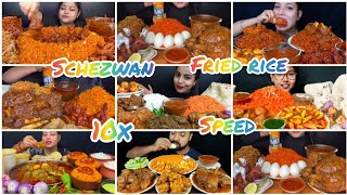 Schezwan Fried Rice With Different Curry. 10X Speed Eating Sound. Big Bytes