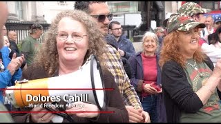 Dolores Cahill gives a rousing speech in Trafalgar Square during London's 15th May Freedom protest