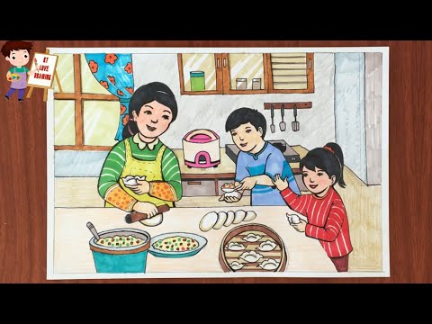 Vẽ Tranh đề tài cuộc sống quanh em - Cùng làm bánh sủi cảo với mẹ | How to draw my Mother