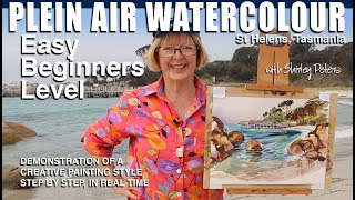 Plein air watercolor painting on a pristine beach at St Helens. Easy Beginner Level.
