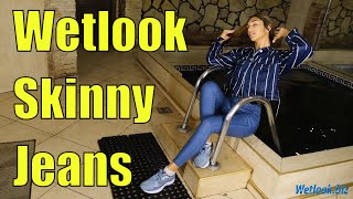 Wetlook Skinny Jeans | Wetlook Jacket | Wetlook Girl Gets Wet In A Large Pool