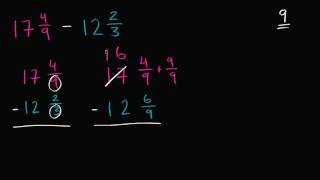 Subtrair números mistos reagrupando (denominadores diferentes) - Khan Academy em português (5º ano)