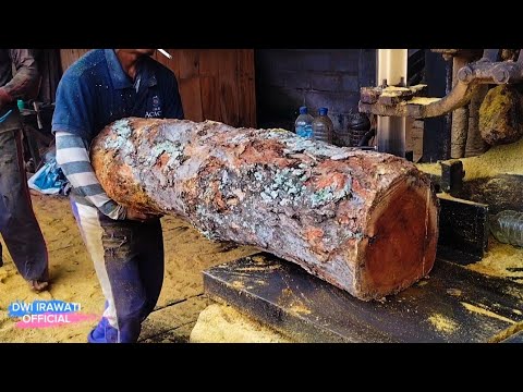 Bright yellow! sawing and splitting beautiful grain jackfruit wood