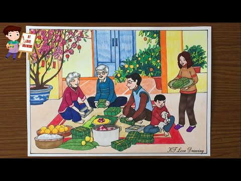Vẽ tranh đề tài gia đình: Gói bánh chưng tết | Vẽ ngày tết và mùa xuân | How to draw family