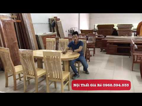 #noithatgiare #banangosoi Bàn ăn 6 ghế gỗ sồi oval