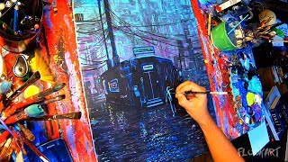 Painting A Cyberpunk Style Scene With Acrylics ( 10 minutes + ambient music )