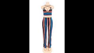 Sexy Women's Multicolor Stripes Backless Slings Deep V-Neck Jumpsuits Wholesale Jumpsuits&Rompers