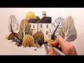 Watercolor Illustration "House with garden" with colored pencils speed painting by Iraville