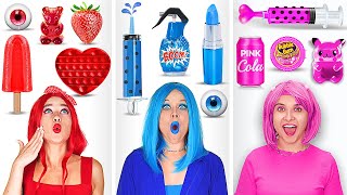 EATING ONLY ONE COLOR FOOD CHALLENGE || Pink VS Blue VS Red Sweets by 123 GO! GL