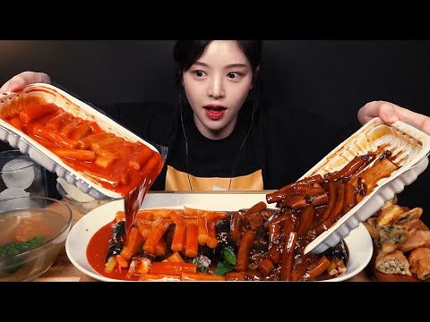 SUB)꼬마김밥에 매운떡볶이&짜장떡볶이 반반 부어서 먹방! 튀김까지 분식 리얼사운드 Spicy Tteokbokki & Gimbap Mukbang ASMR