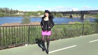 Victoria Devil. Walking By The River With Leather Jacket,Gothic Corset,Pink Miniskirt And High Heels