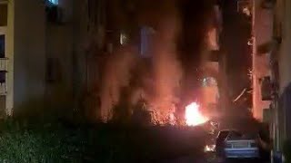 Gaza Rocket Diract Hit In Petah Tikva Resulting Fire and Building Damage After Explosion