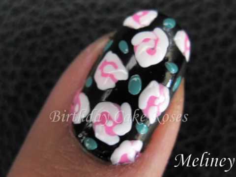 Nail Art Tutorial- Birthday Cake Polka Dot Roses Flower Design for Short