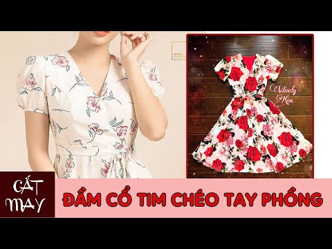 071 Cắt may áo đầm cổ tim đắp chéo tay phồng l Cách may đầm xòe vải voan hai lớp nữ tính