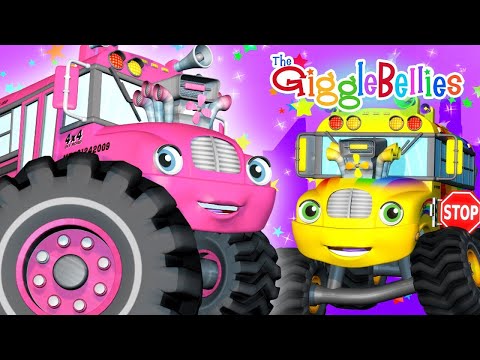 Wheels on the Bus! | Pink, Purple, Yellow and Rainbow Bus! 🌈 | GiggleBellies Monster Trucks