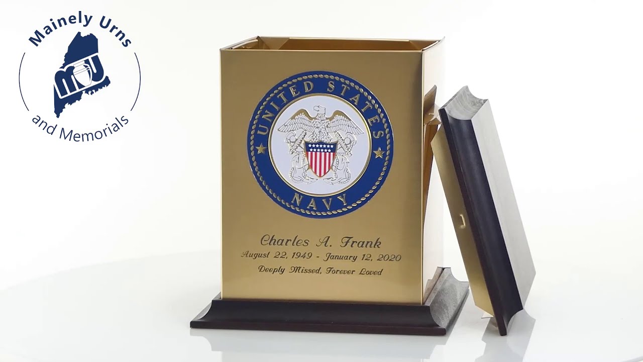 Navy Color Emblem Sheet Bronze With Walnut Trim Snap-Top Cremation Urn