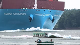 New Maersk Container Ship Meets Rusty Giant - Tight Turn On Narrow River