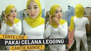 LIVE TANTE HIJAB KUNING JUALAN ONLINE PAKE LEGGING KETAT WARNA PUTIH