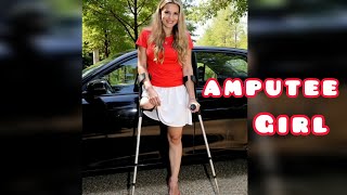 Amputee Woman In Red Skirt Crutching In Her Office Y Amputee Girl Move. Happy Disabled Life