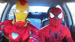 Superheroes Surprise Iron man & Spiderman With Dancing Car Ride.