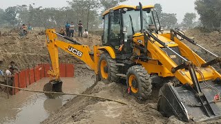 JCB Backhoe Machine Working For Bridge Construction - Bridge Foundation Construction in Water