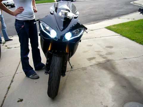 Audi R8 style lights on a Yamaha R1 LED strip was installed and wired to