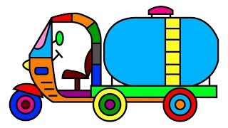 Auto Rickshaw Tuk Tuk Oil Truck Coloring Pages for Kids with Vehicles Video - MIHU TV