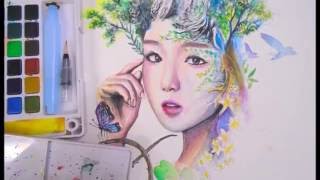 Painting Forest Girl with Sakura Koi Watercolor | Speed Art
