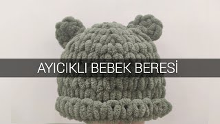 Ayıcıklı Bebek Beresi Alize Puffy Fine İle Şiş Yok, Tığ Yok Maya Eşliğinde