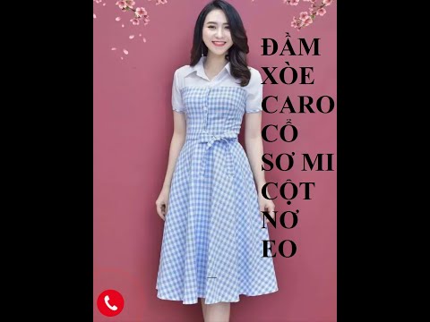 Đầm xèo caro cổ sơ mi cột nơ eo p2 | B82 | Phương Đàowww