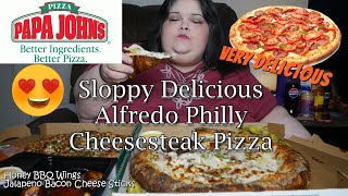Alfredo Philly Cheesesteak Pizza From Papa Johns With Honey Bbq Wings Mukbang