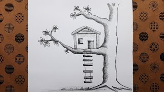 Kolay Ağaç Ev Manzara Çizimi, Çizim Hobimiz Resimleri Yeni