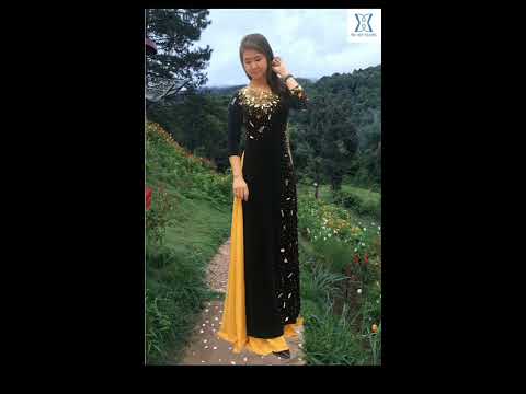 Áo dài nhung đen kết đá pha lê kết kính sang trọng