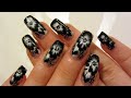 Black and White One Stroke Flowers Design on Nude Background Nail Art Tutorial