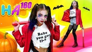 Hayal Ailesi. Polen Halloween için Harley Quinn makyajı yapıyor. Eğlenceli 