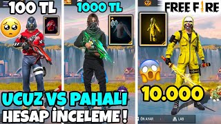 100 Tl , 1.000 Tl , 10.000 Tl Hesap İnceleme - Ucuz Vs Pahali Hesap İnceledi̇k - Free Fi̇re Hesap
