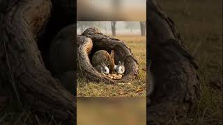 A Rabbit And Her Three Little Ones Are Eating Peanuts