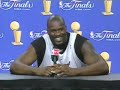 Title:Corby vs. Shaq Description:Corby from The Ticket in Dallas poses a question to Shaq at the NBA Finals press conference.