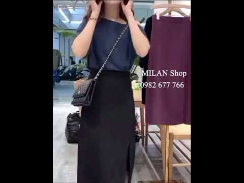 Chân váy vải midi xẻ lệch hàng Quảng Châu