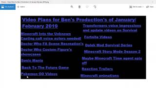 Video Plans for Bens Productions of January February 2019