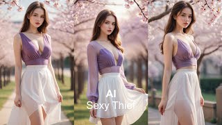 【4K】AI Sexy Thief|beautiful AI Girls|Pretty girl in a flowing purple dress under the cherry trees!