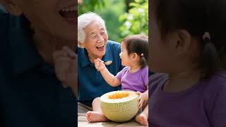 Grandpa And Granddaughter Enjoy Sweet Hami Melon Together Warm Family Moment