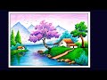 Oilpastel Scenery Drawing || Beautiful Scenery Drawing || Violet Tree Scenery Drawing
