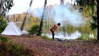 solo ASMR camping in heavy rain😱 lonely beauty all night in wild forest😍 yoga in the rain 