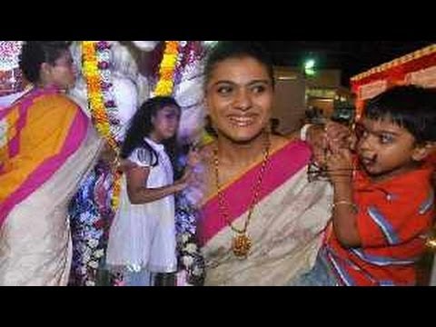 Kajol celebrates Durga Puja with kids Nysa & Yug