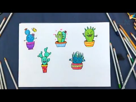 Tập vẽ và Tô màu Chậu Cây Xương Rồng bằng Chì màu siêu dễ thương
